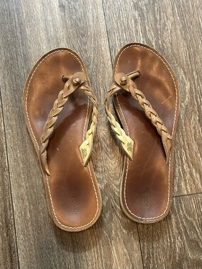 Olukai Kahiko Brown Leather Braided Straps Sandals Flip Flops
